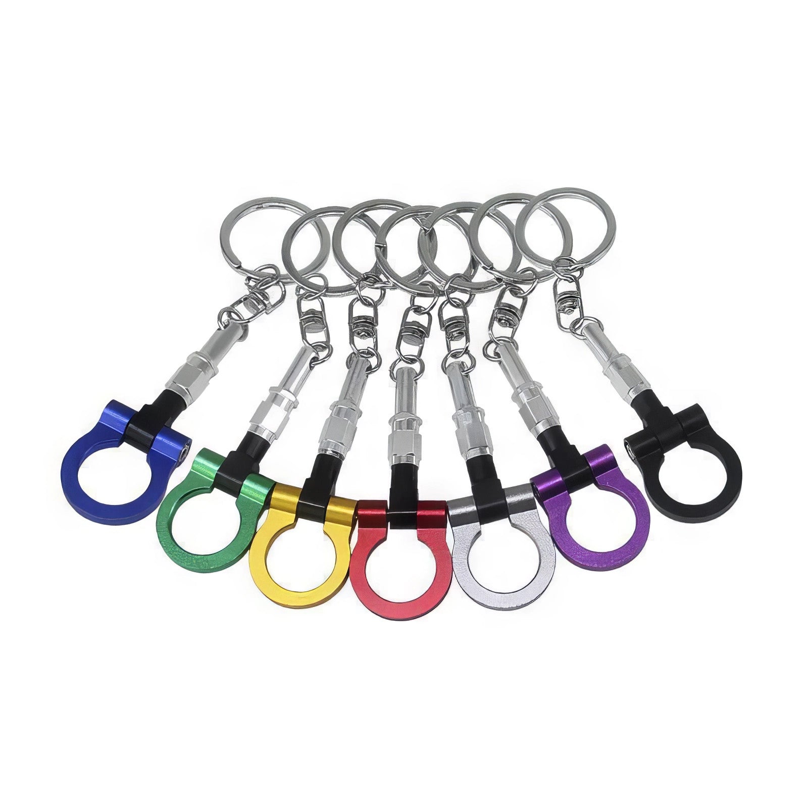 Tow hook keychains in all color variants: blue, green, gold, red, silver, purple, and black.