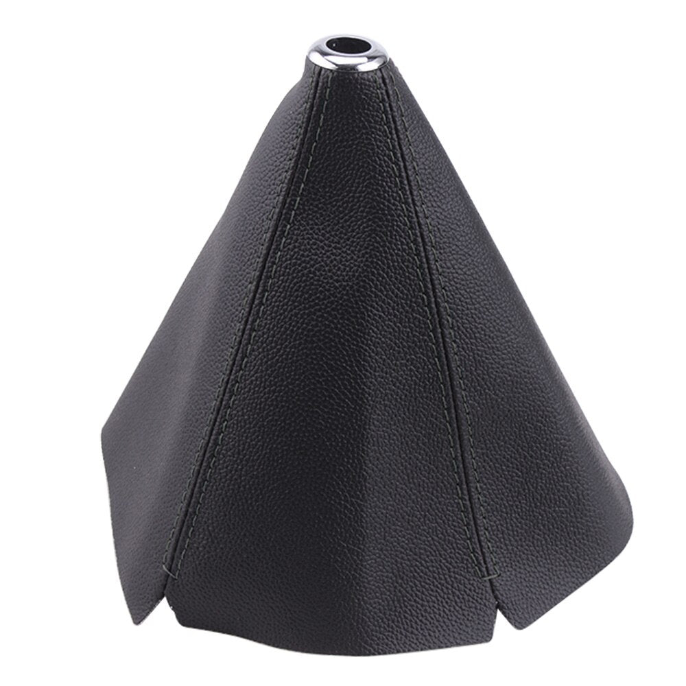 Black universal leather gear shift boot cover with black stitching.