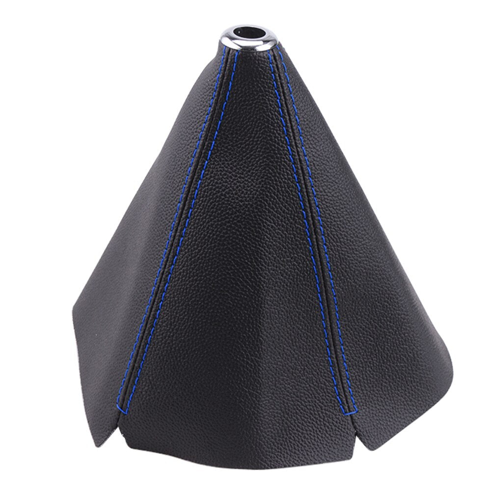 Black universal leather gear shift boot cover with blue stitching.