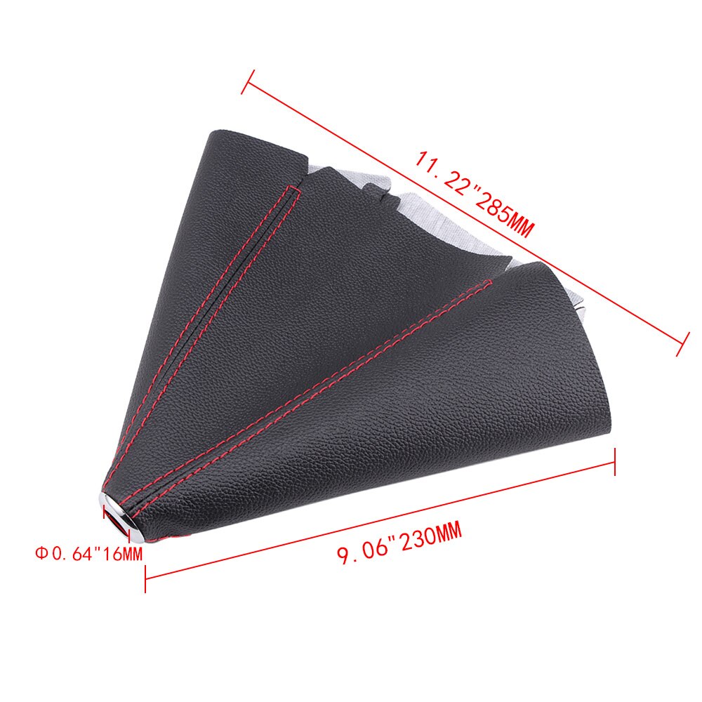 Black universal leather gear shift boot cover with red stitching.
