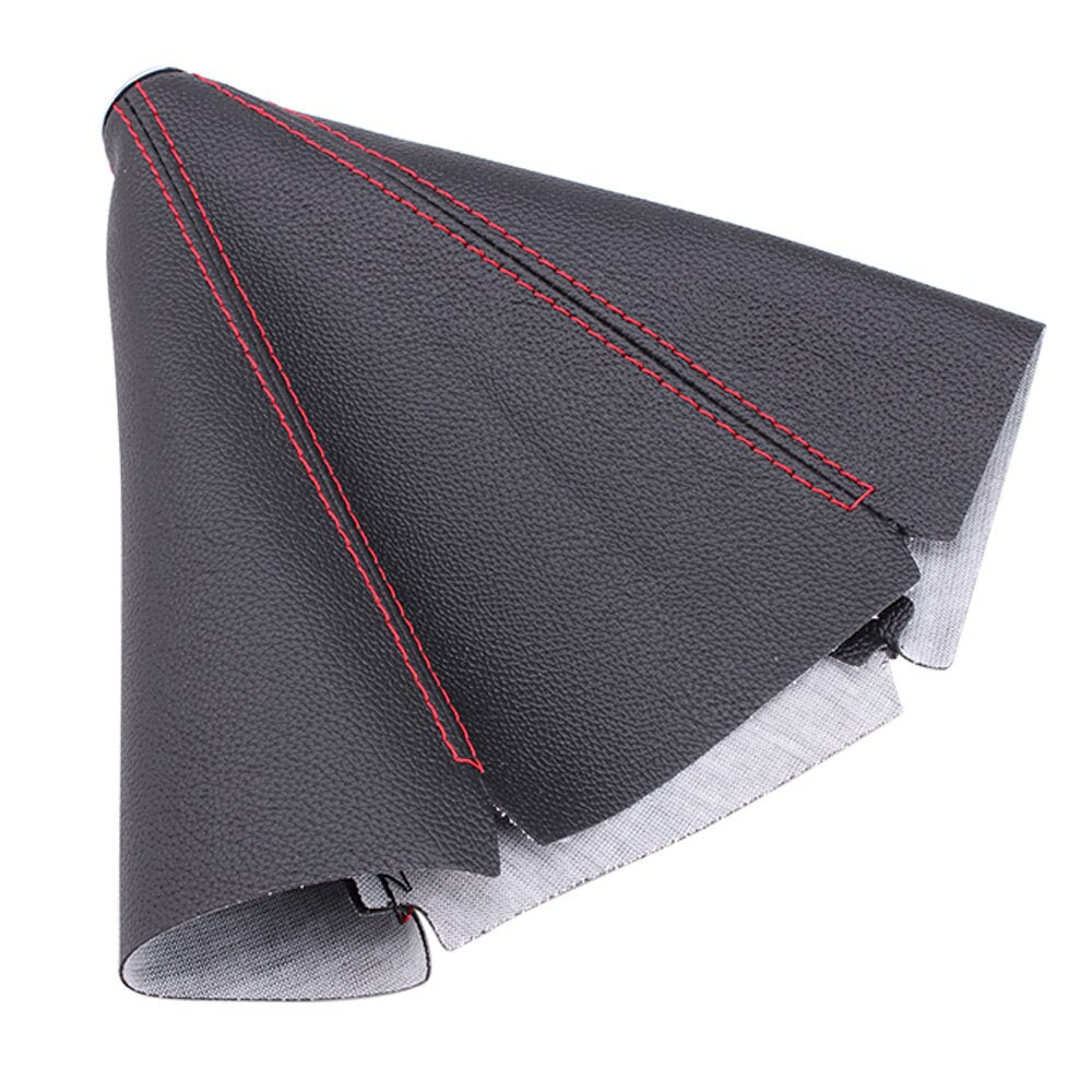 Black universal leather gear shift boot cover with red stitching.