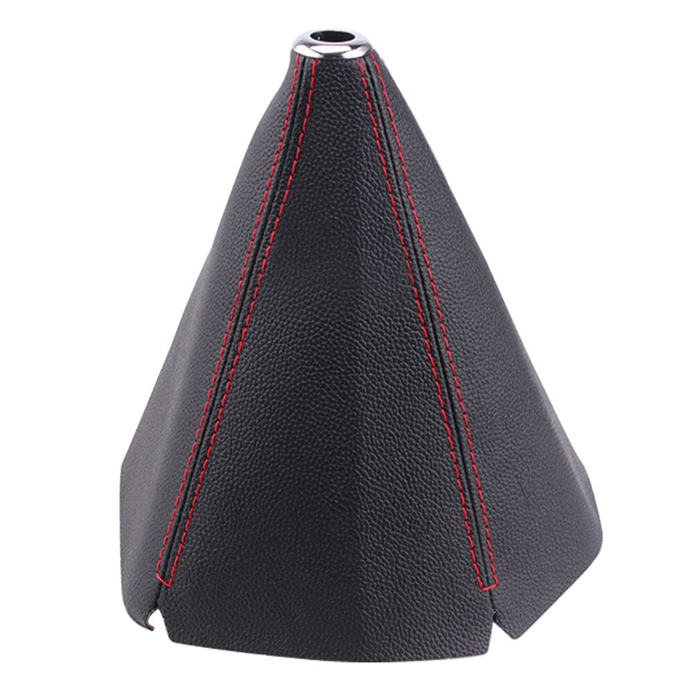 Black universal leather gear shift boot cover with red stitching.