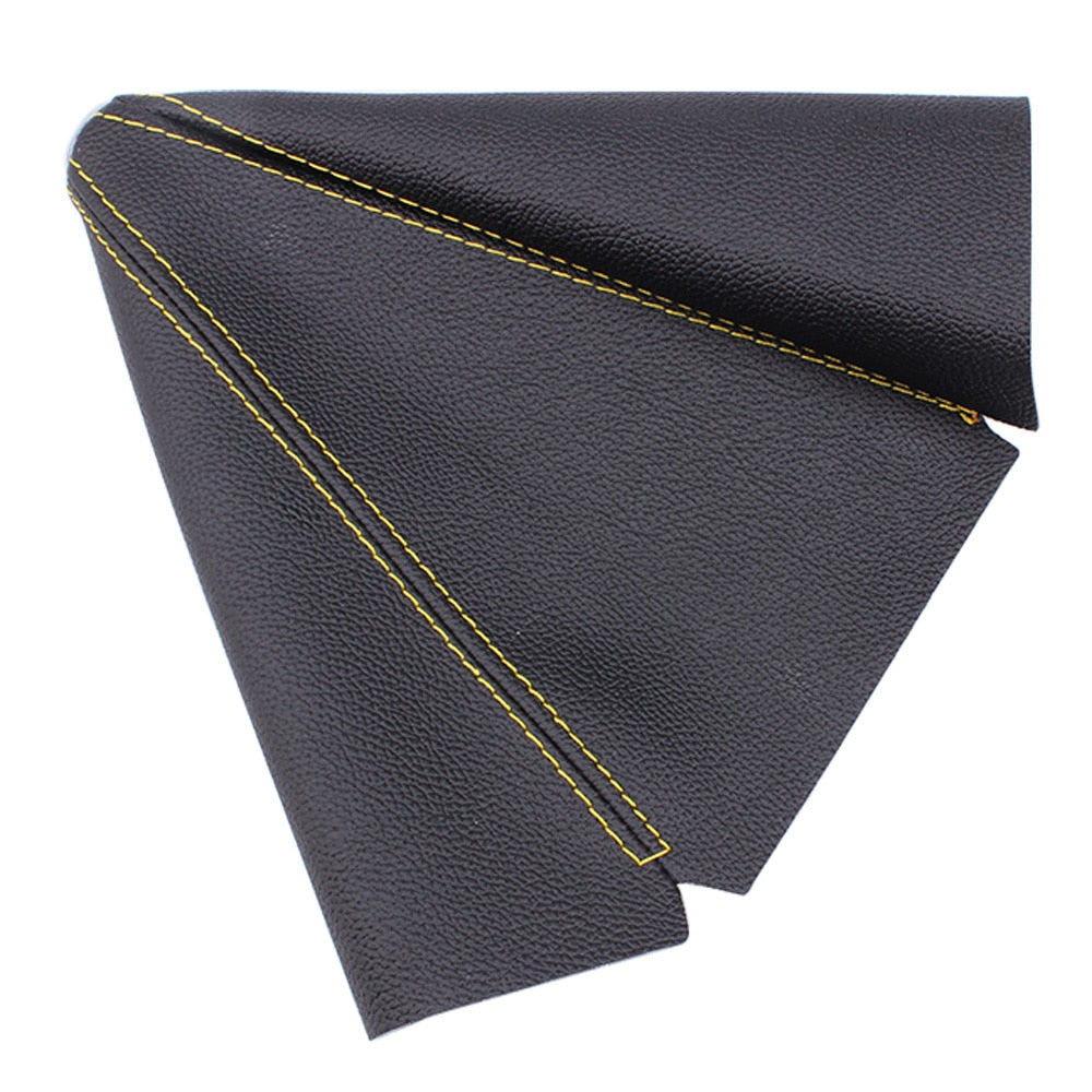 Black universal leather gear shift boot cover with yellow stitching.