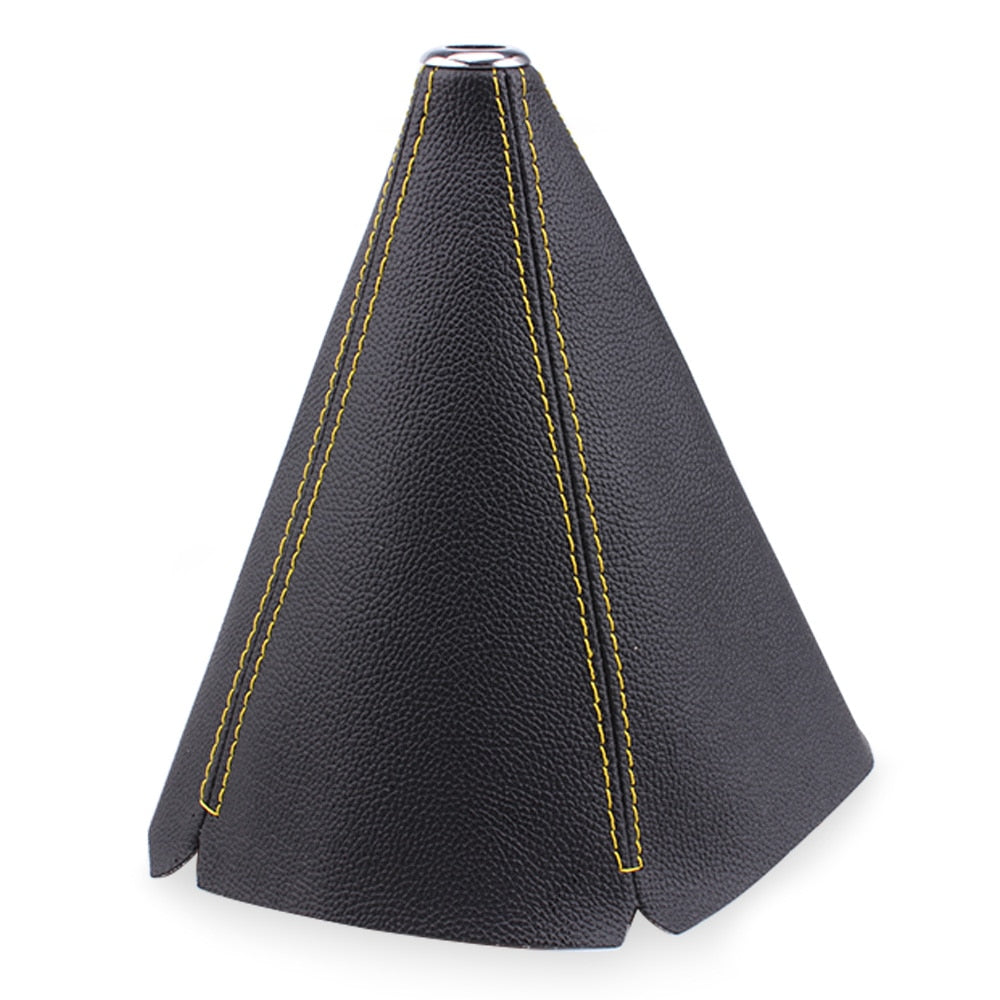 Black universal leather gear shift boot cover with yellow stitching.