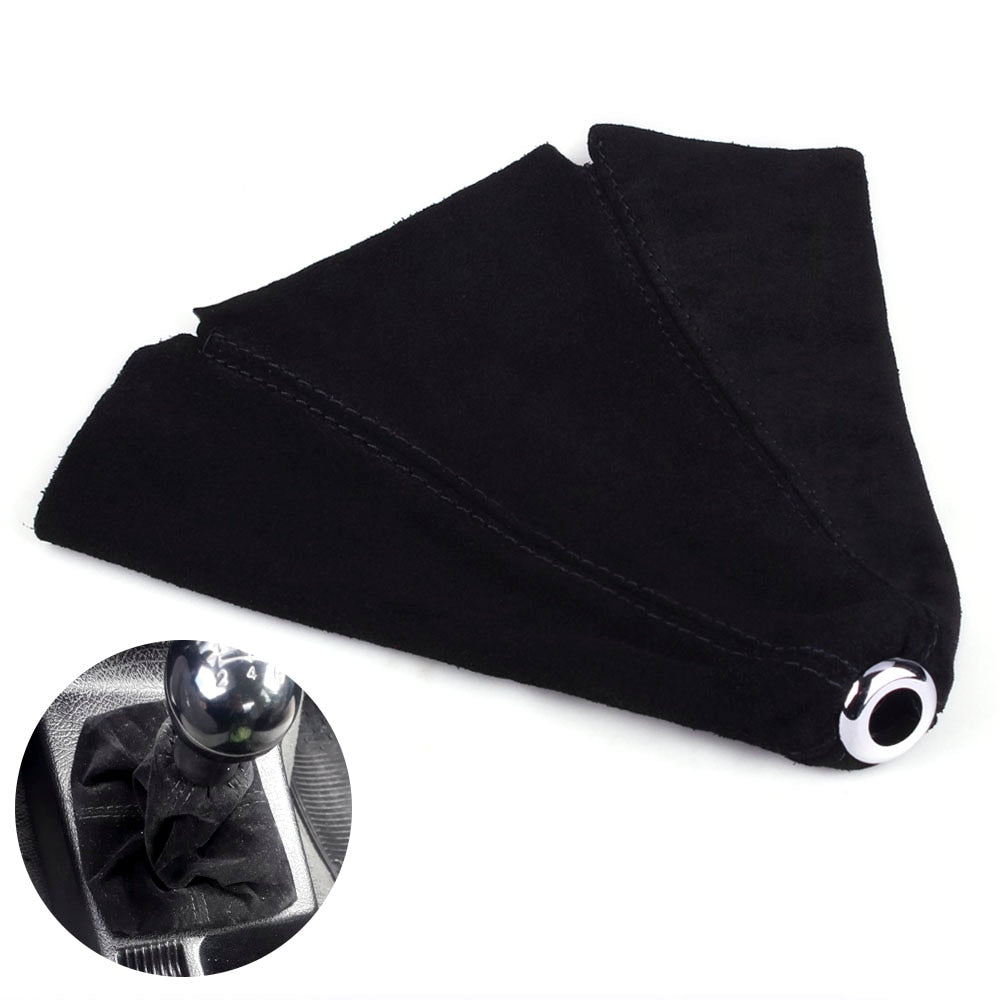 Universal suede leather gear shift boot cover with black stitching.