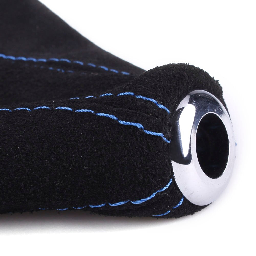 Universal suede leather gear shift boot cover with blue stitching.