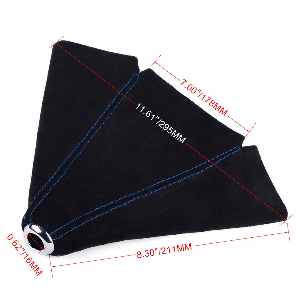 Universal suede leather gear shift boot cover with blue stitching.
