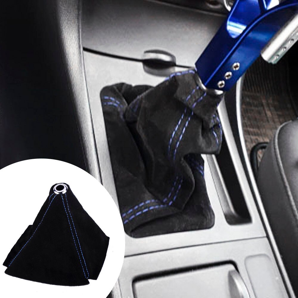 Universal suede leather gear shift boot cover with blue stitching.
