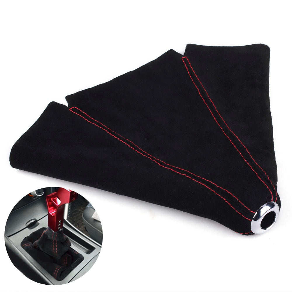 Universal suede leather gear shift boot cover with red stitching.