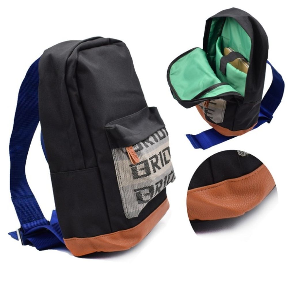 JDM Backpack with blue racing harness straps, brown leather bottom, and green canvas with laptop pocket