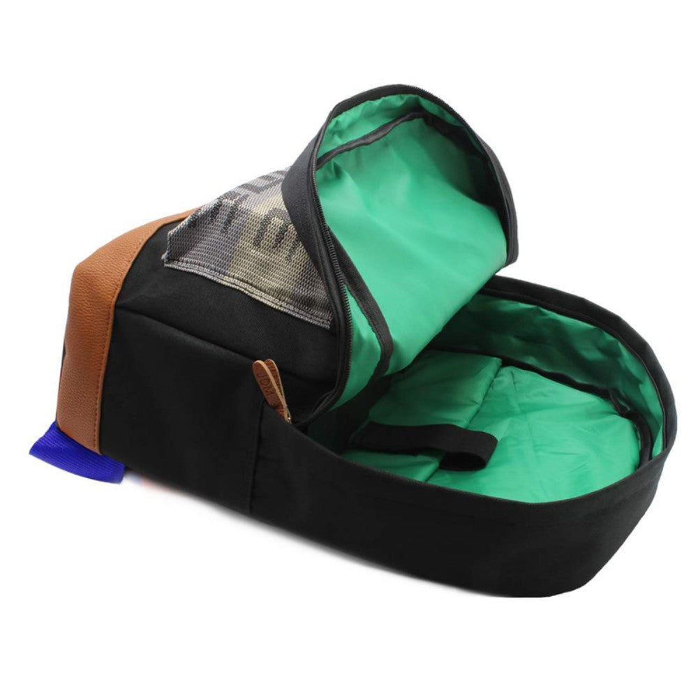 JDM Backpack with blue racing harness straps, brown leather bottom, and green canvas with laptop pocket