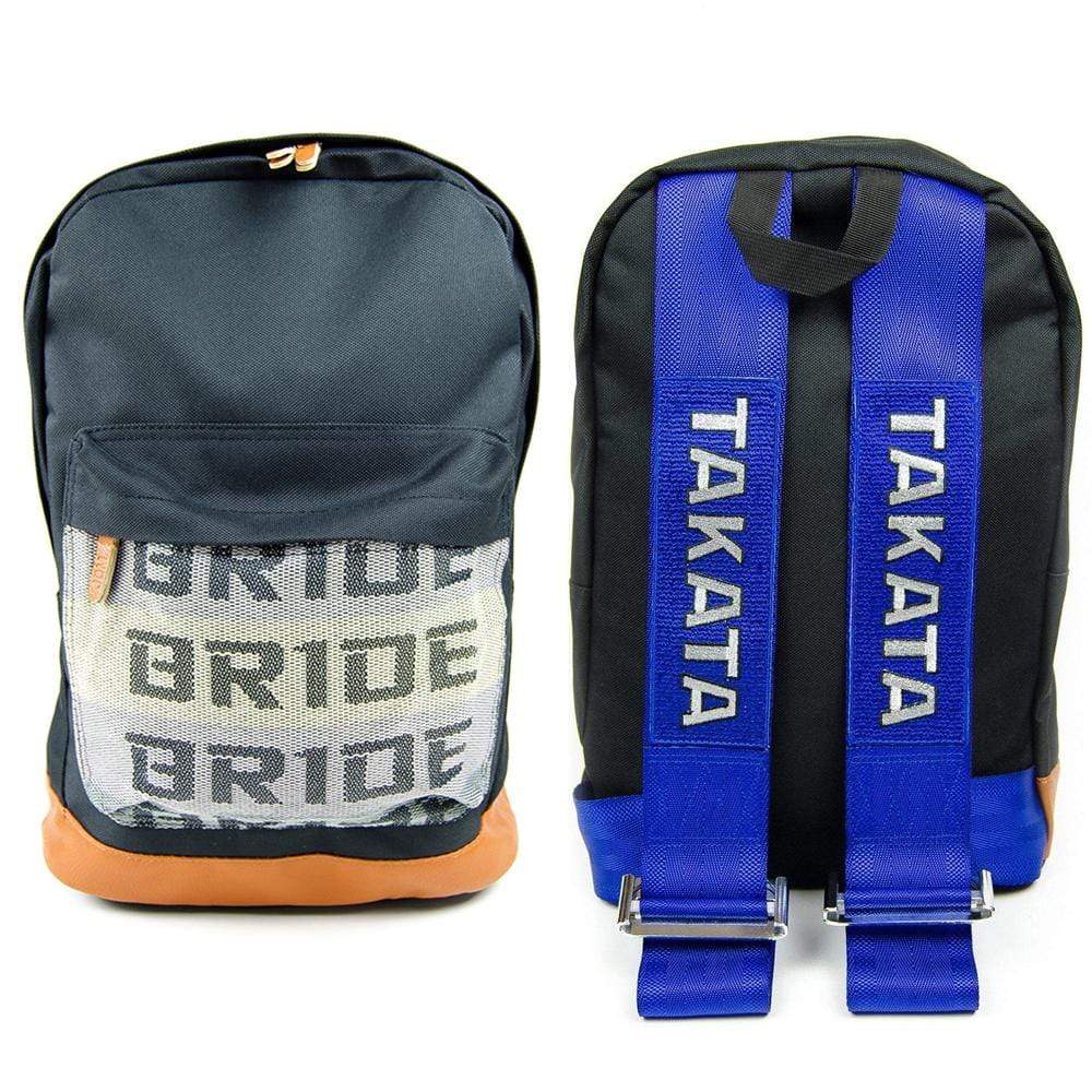 JDM Backpack with blue racing harness straps and brown leather bottom