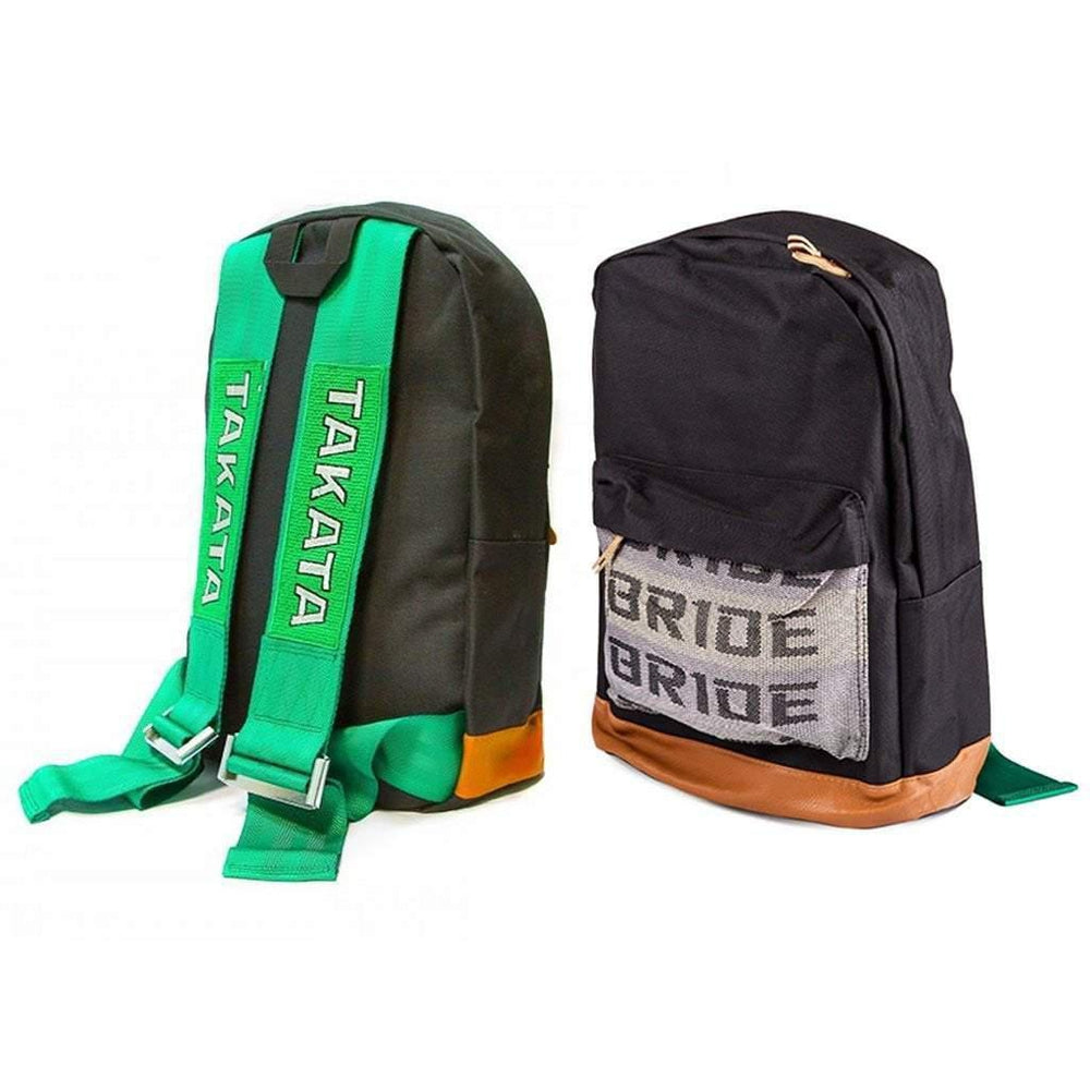 JDM Backpack with green racing harness straps and brown leather bottom