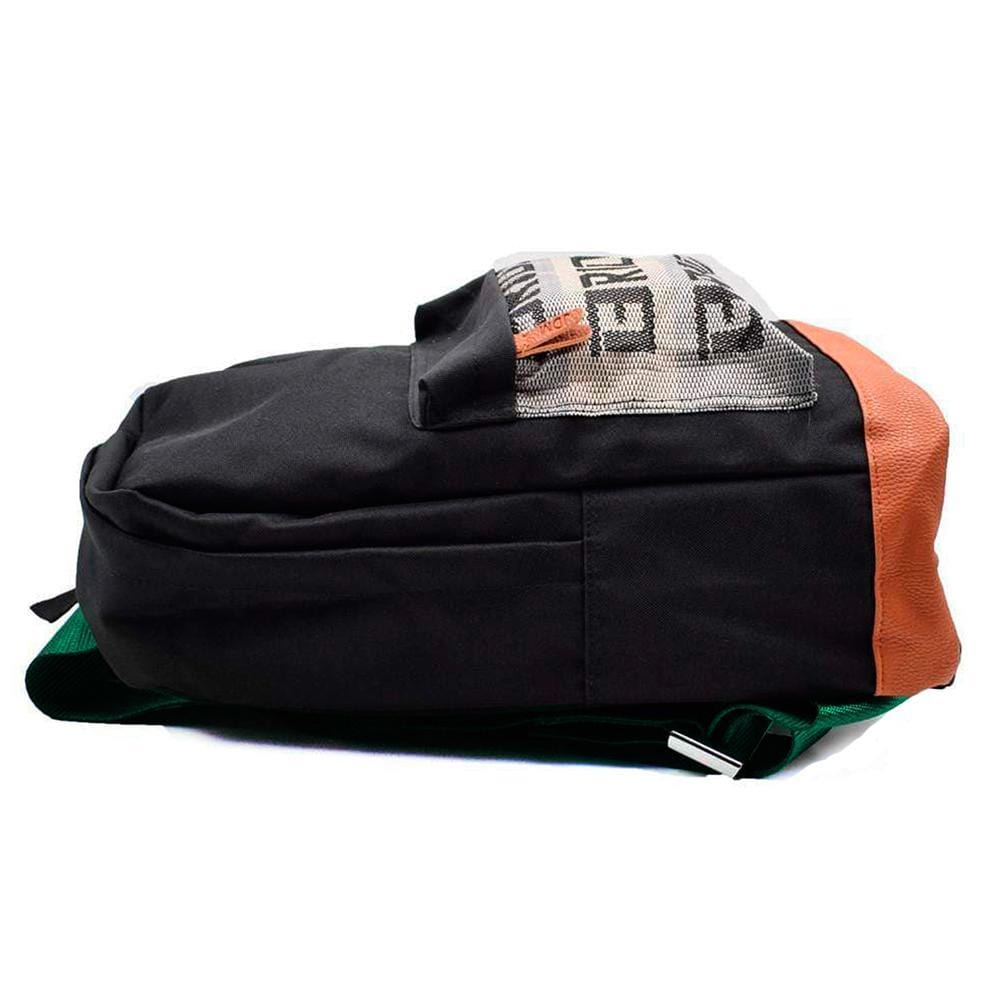 JDM Backpack with green racing harness straps and brown leather bottom