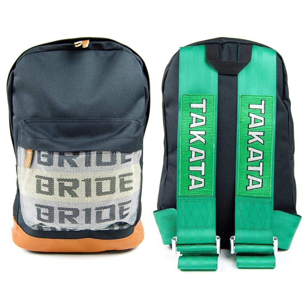 JDM Backpack with green racing harness straps and brown leather bottom