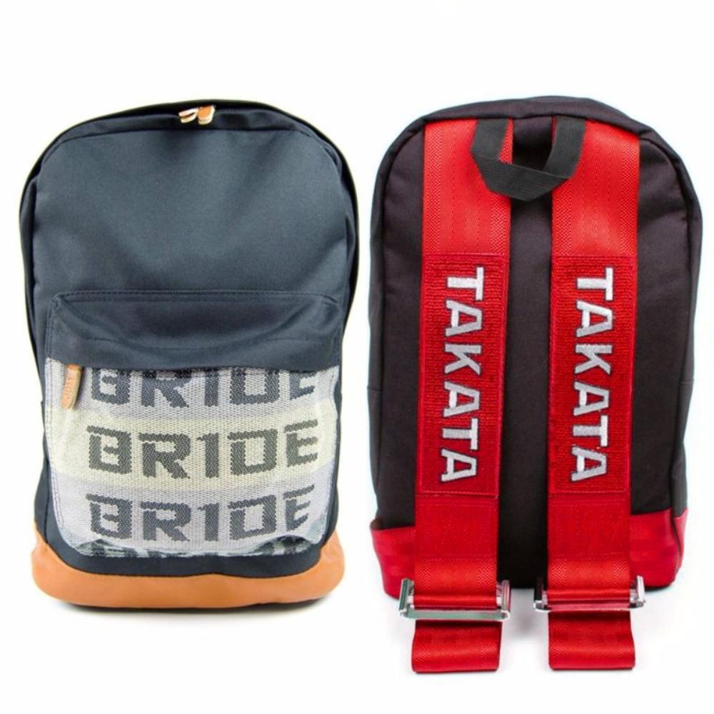 JDM Backpack with red racing harness straps and brown leather bottom