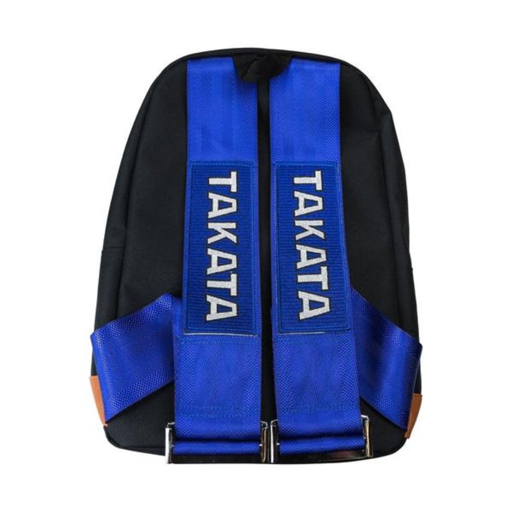 JDM Backpack with blue racing harness straps and brown leather bottom