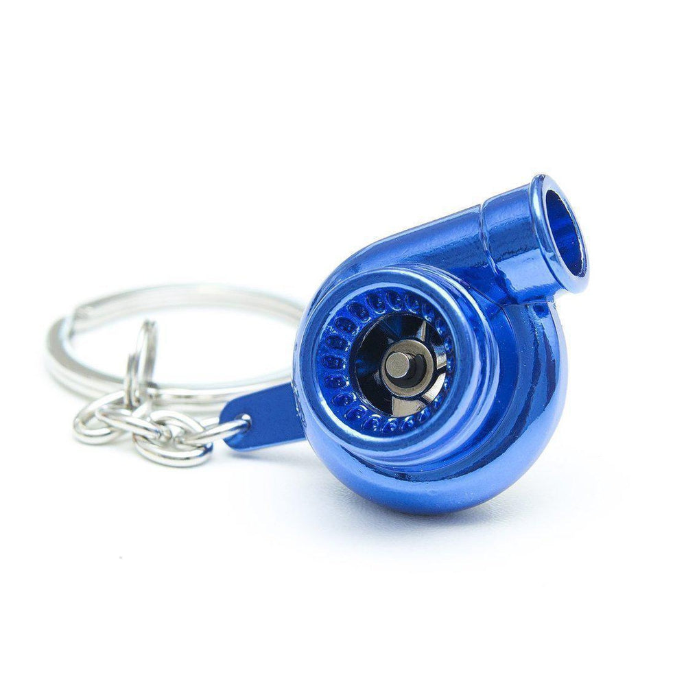 Turbocharger car keychain in blue.