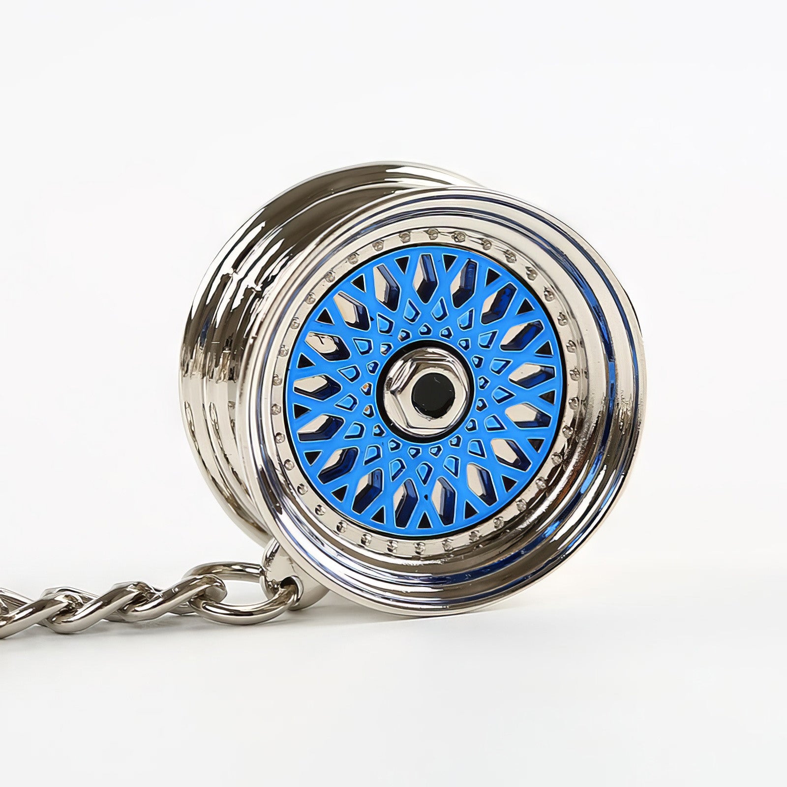 BBS Mesh Wheel keychain with blue center.