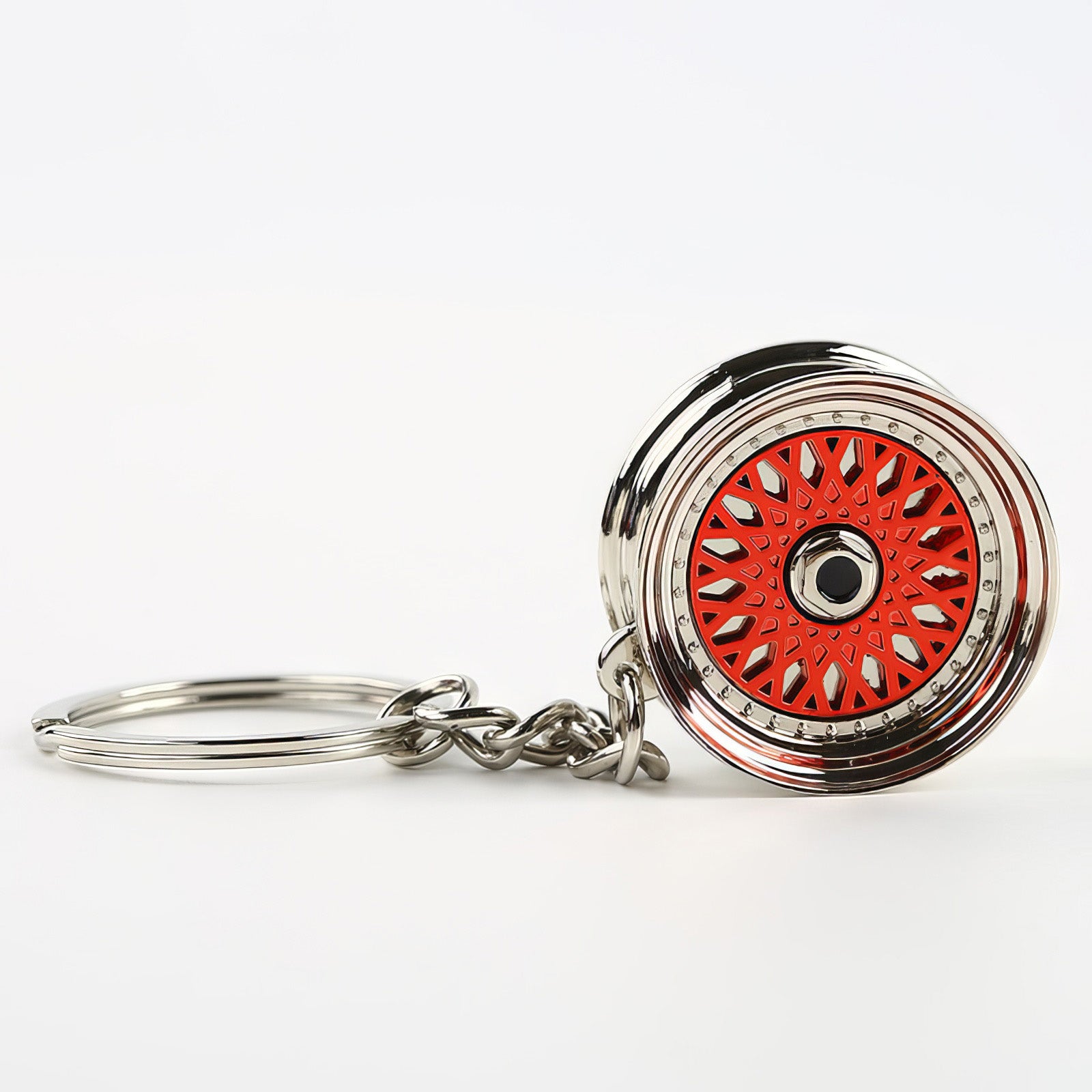 BBS Mesh Wheel keychain with red center.