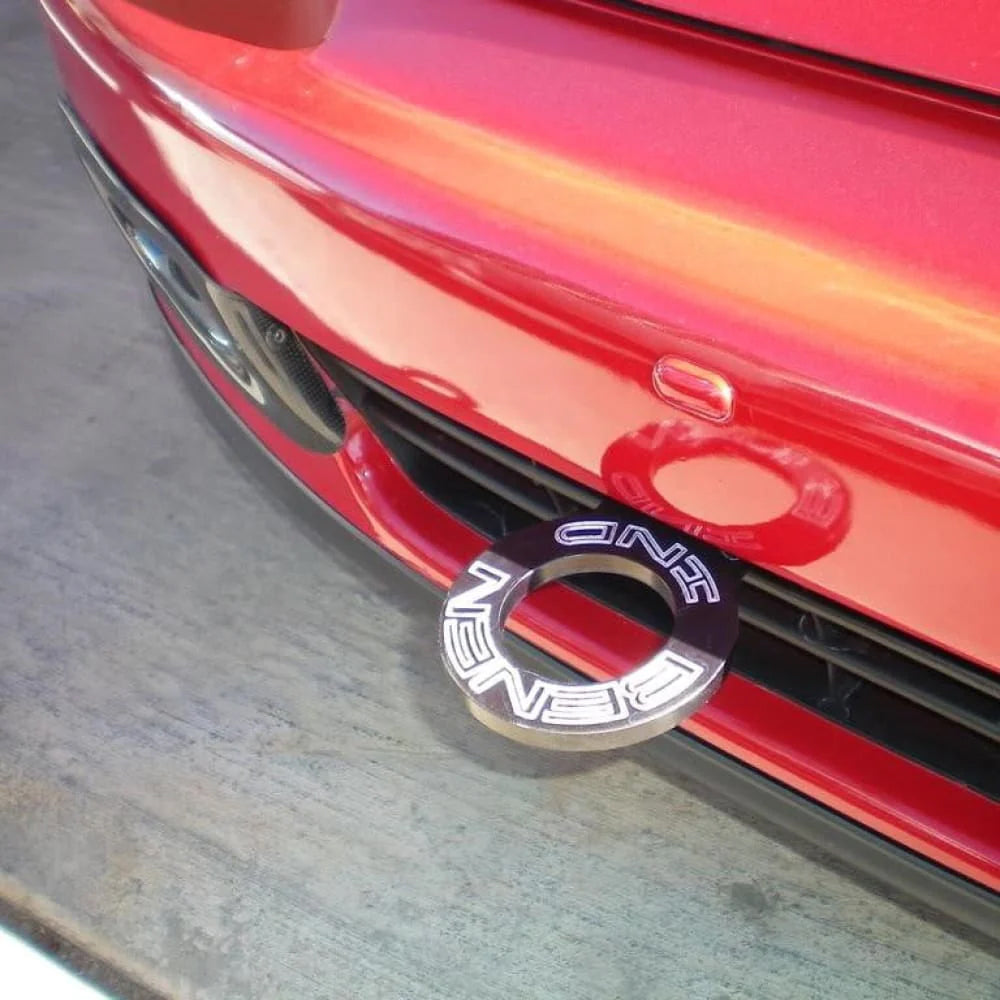 BENEN front tow hook in silver mounted on car.