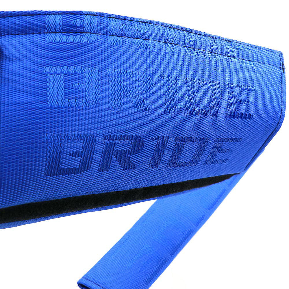 Bride racing fabric seat belt shoulder pads in blue details.