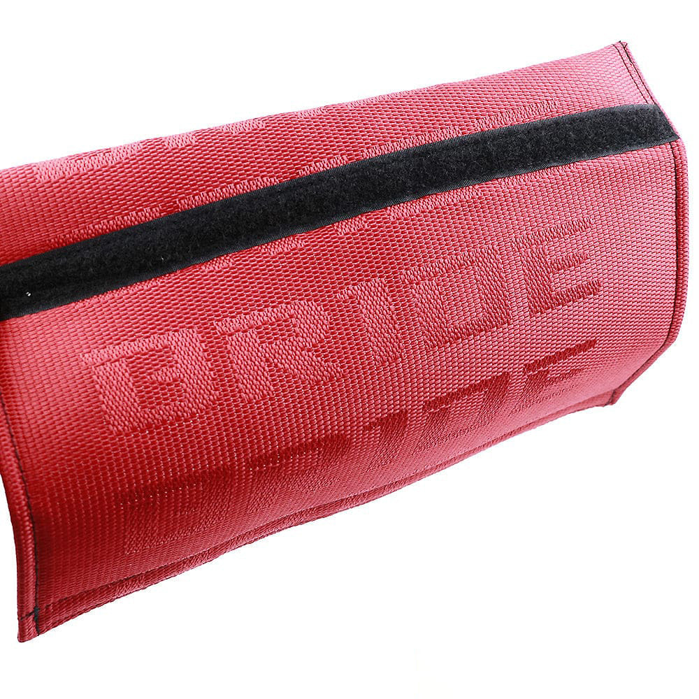 Bride racing fabric seat belt shoulder pads in red details.