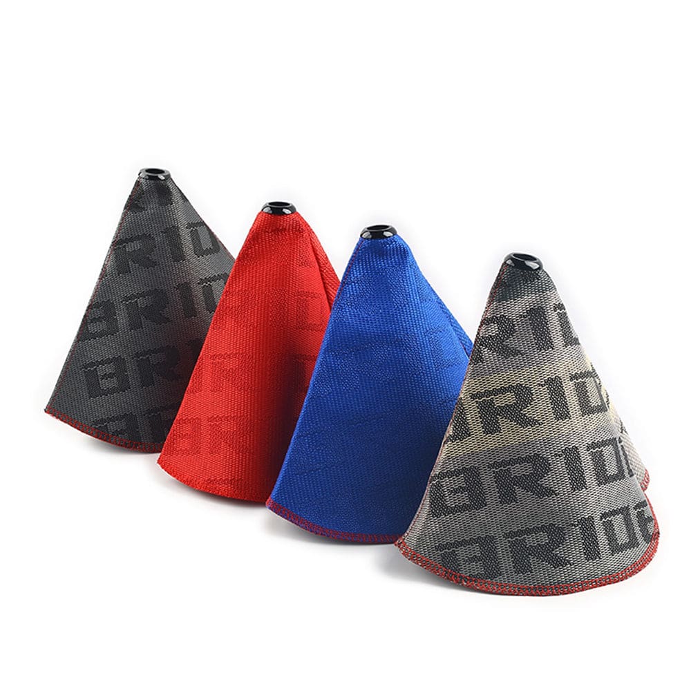 Bride racing JDM gear shift boot covers in gray, red, blue, and beige gradient.