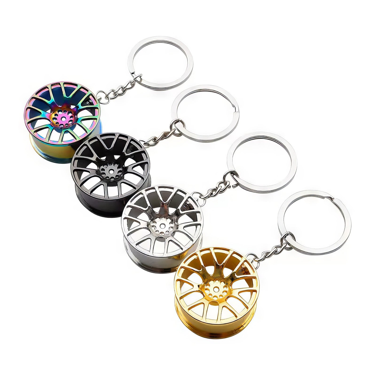 Concave wheel keychain in neochrome, black, silver, and gold variants.