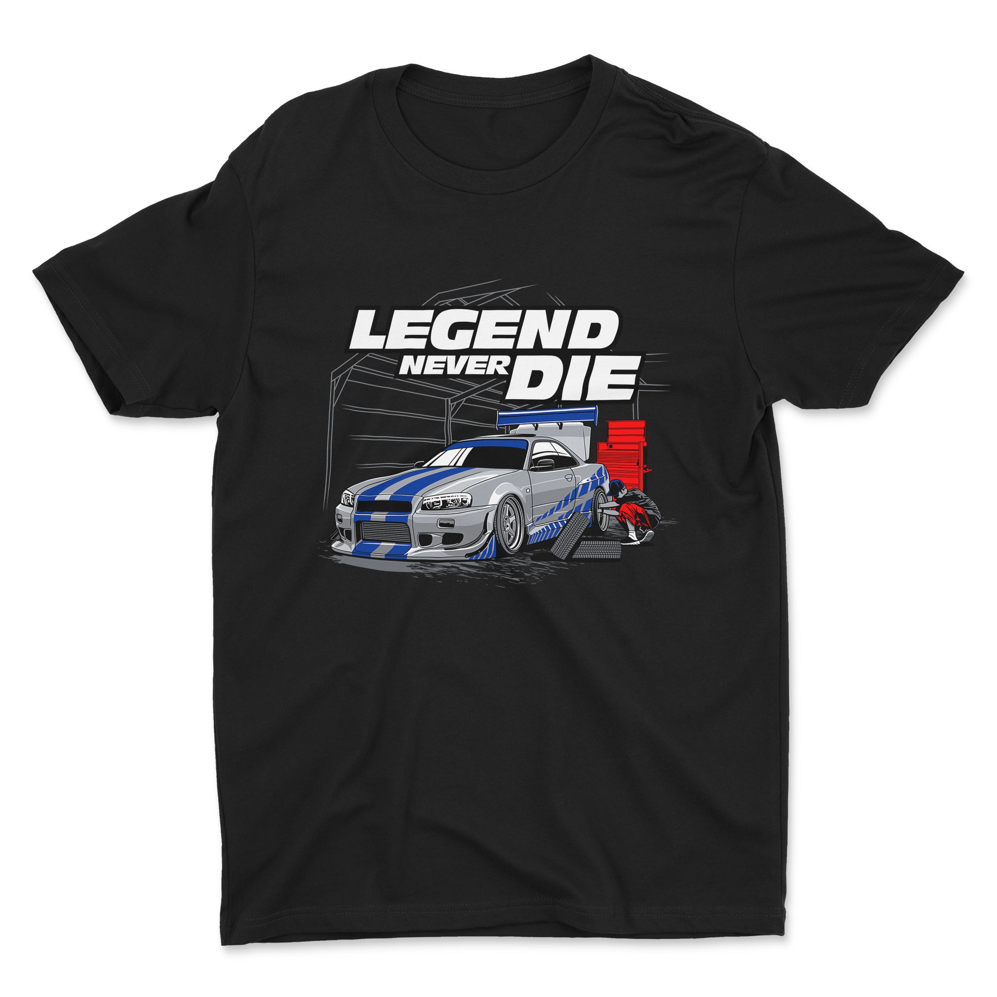 Nissan Skyline GTR R34 Legend Never Die Car T-Shirt Black.