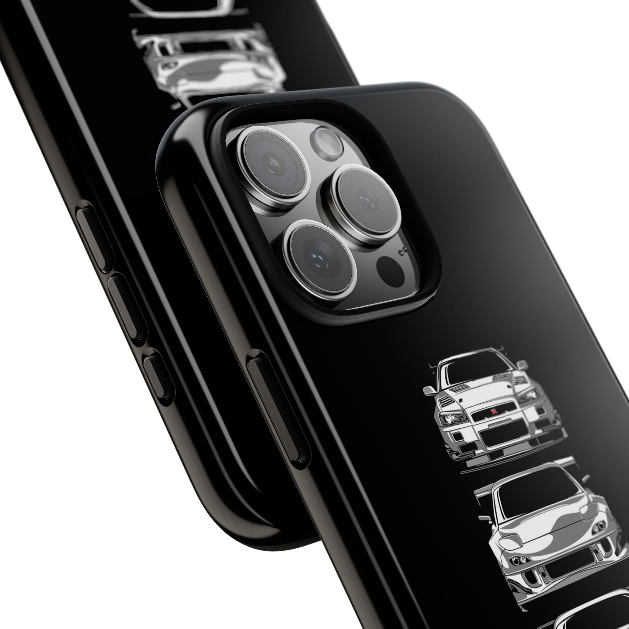 Black phone case with white car illustrations on a white background