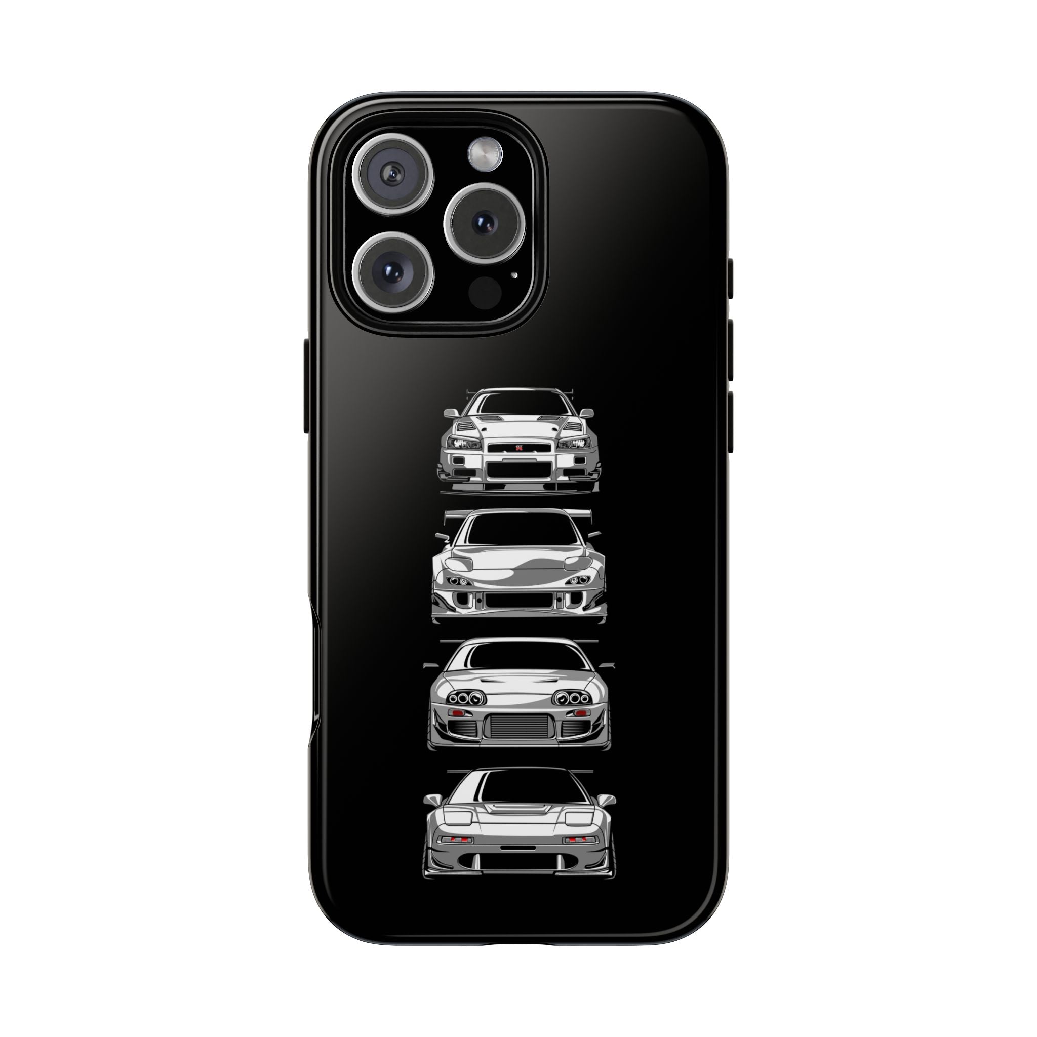Black phone case with car illustrations on a white background