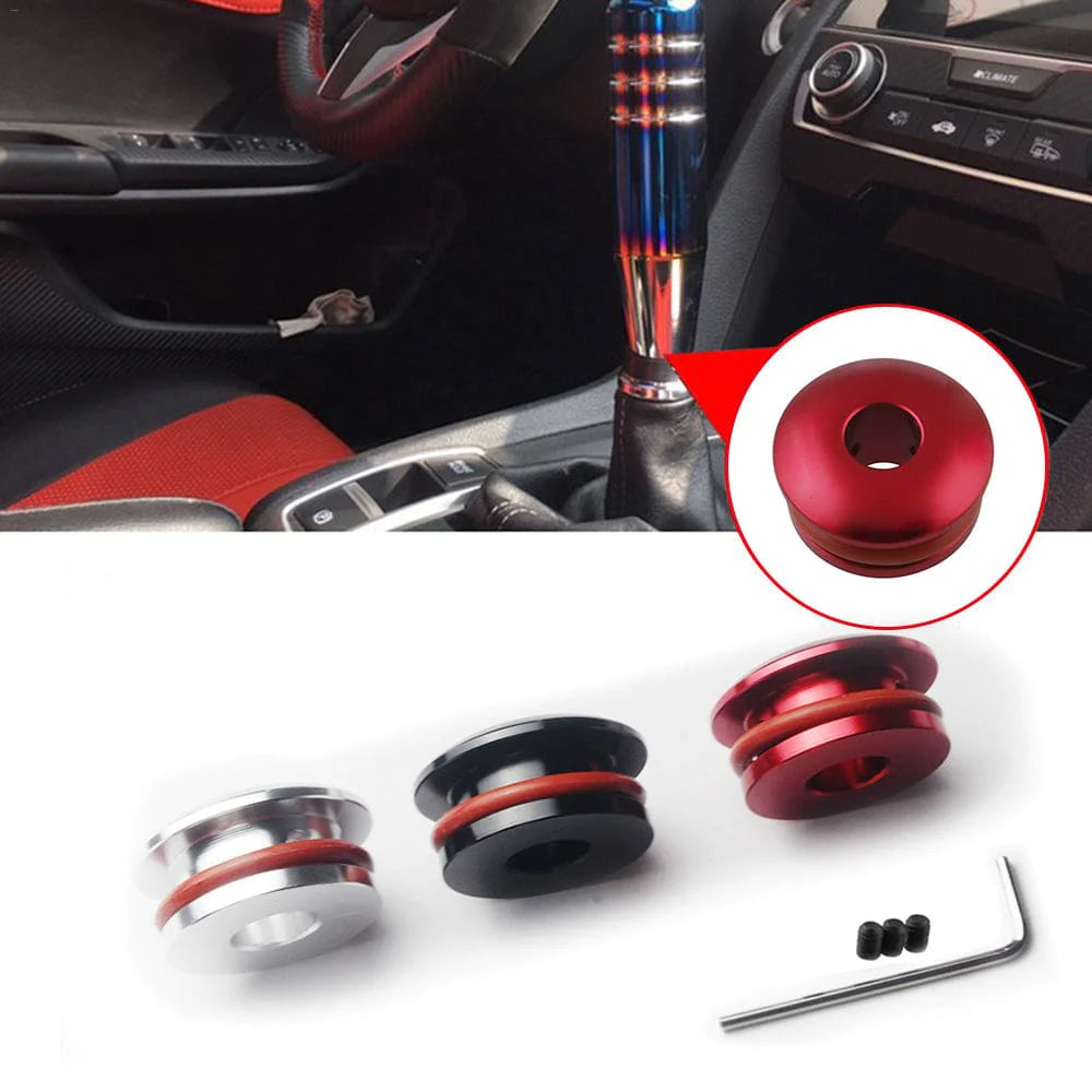 JDM racing shift boot retainer in silver, black, and red. 