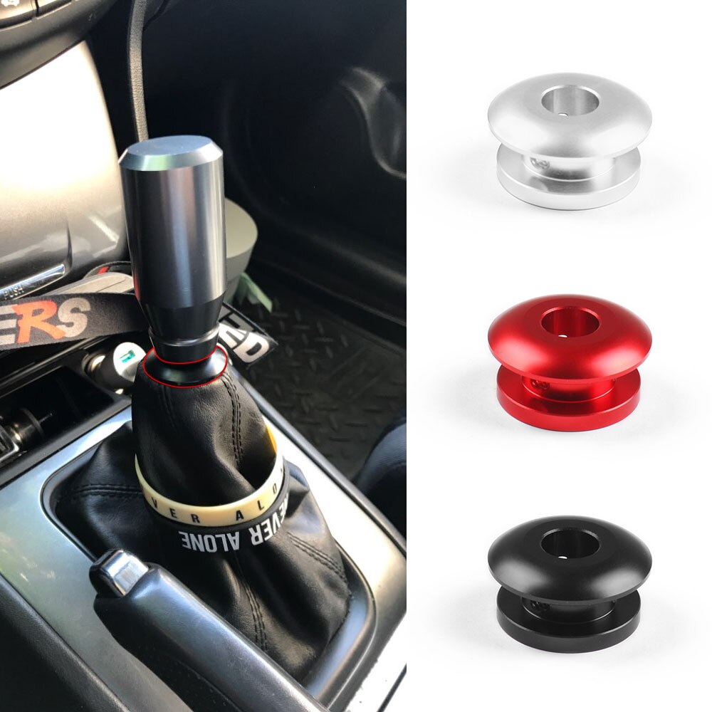 JDM racing shift boot retainer in silver, black, and red. 