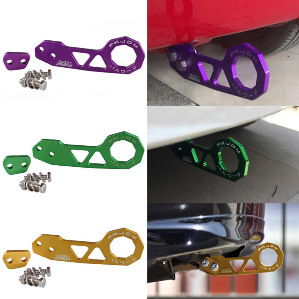 JDM rear tow hooks in purple, green, and gold.