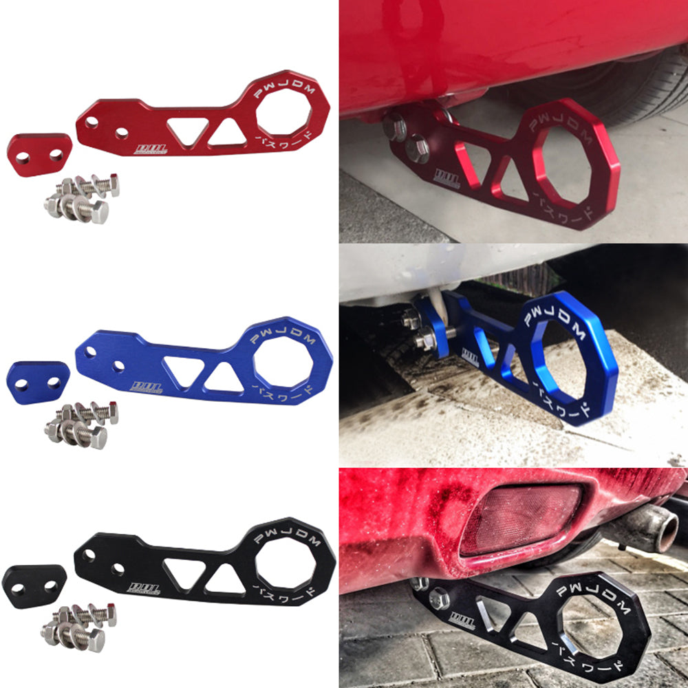 JDM rear tow hooks in red, blue, and black.