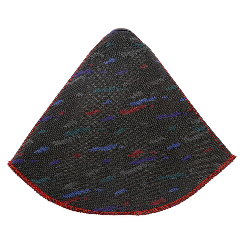 Black patterned shift boot with red seams on a white background