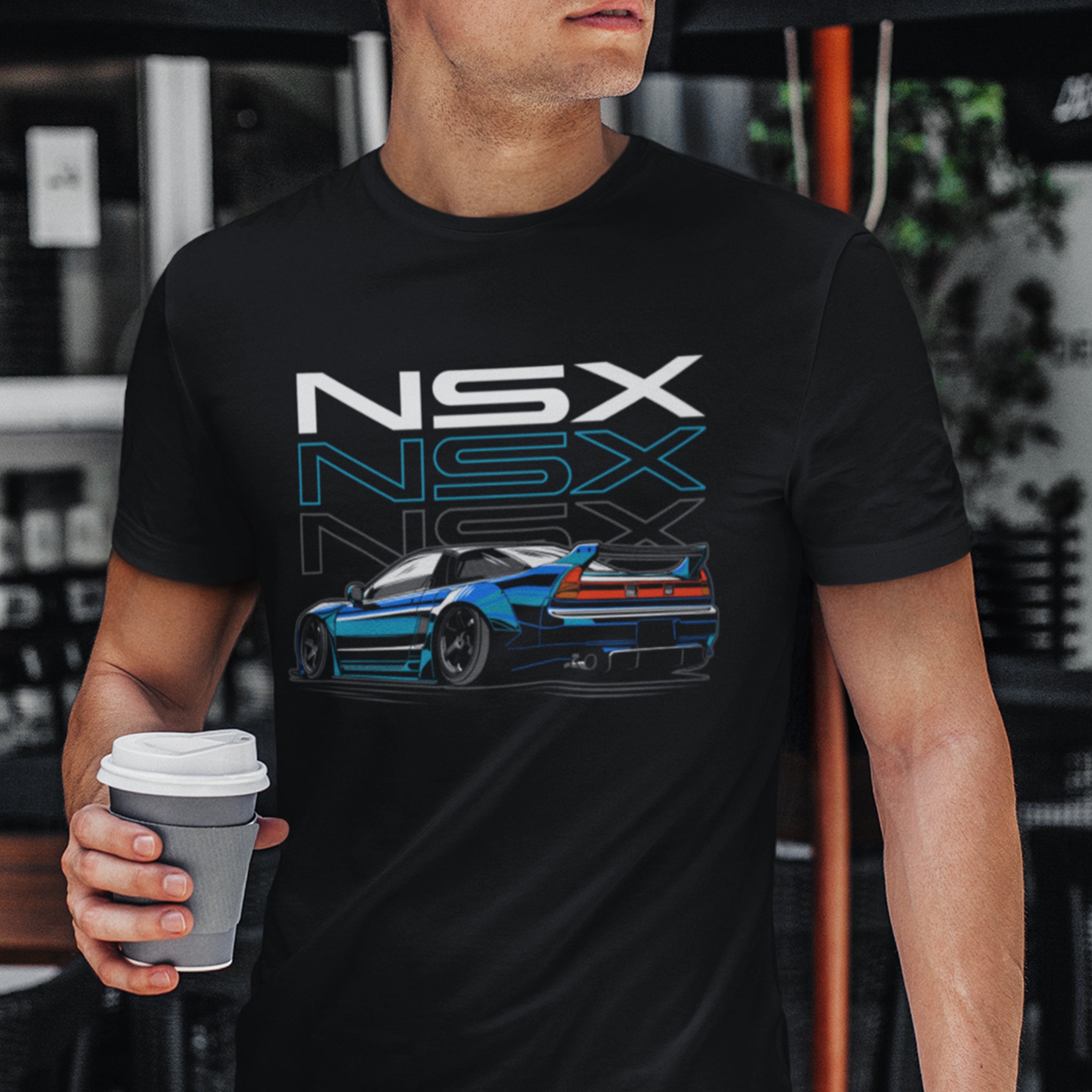 Man wearing the Honda NSX car t-shirt in black.