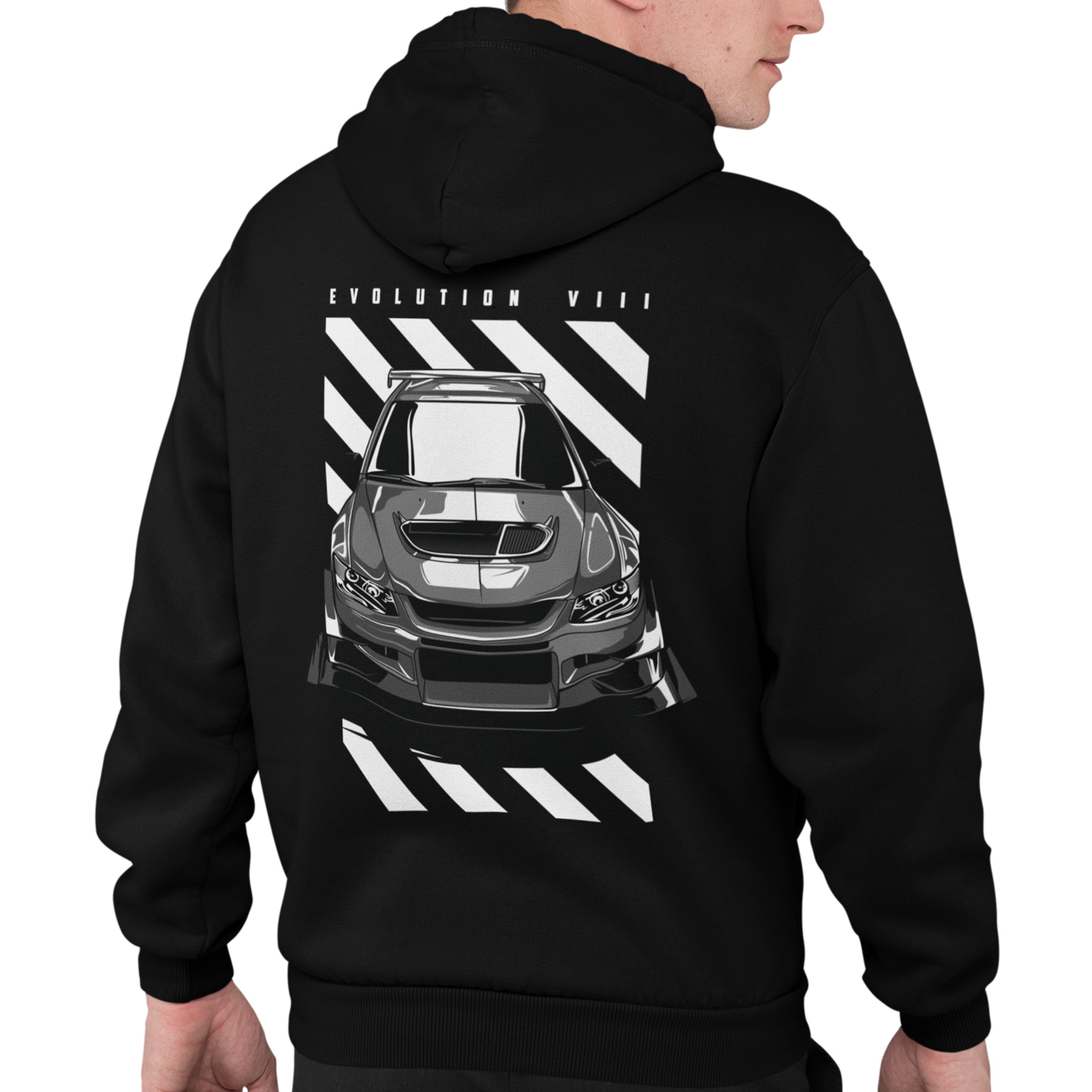 Man wearing Mitsubishi Lancer Evolution VIII Car Hoodie in black.