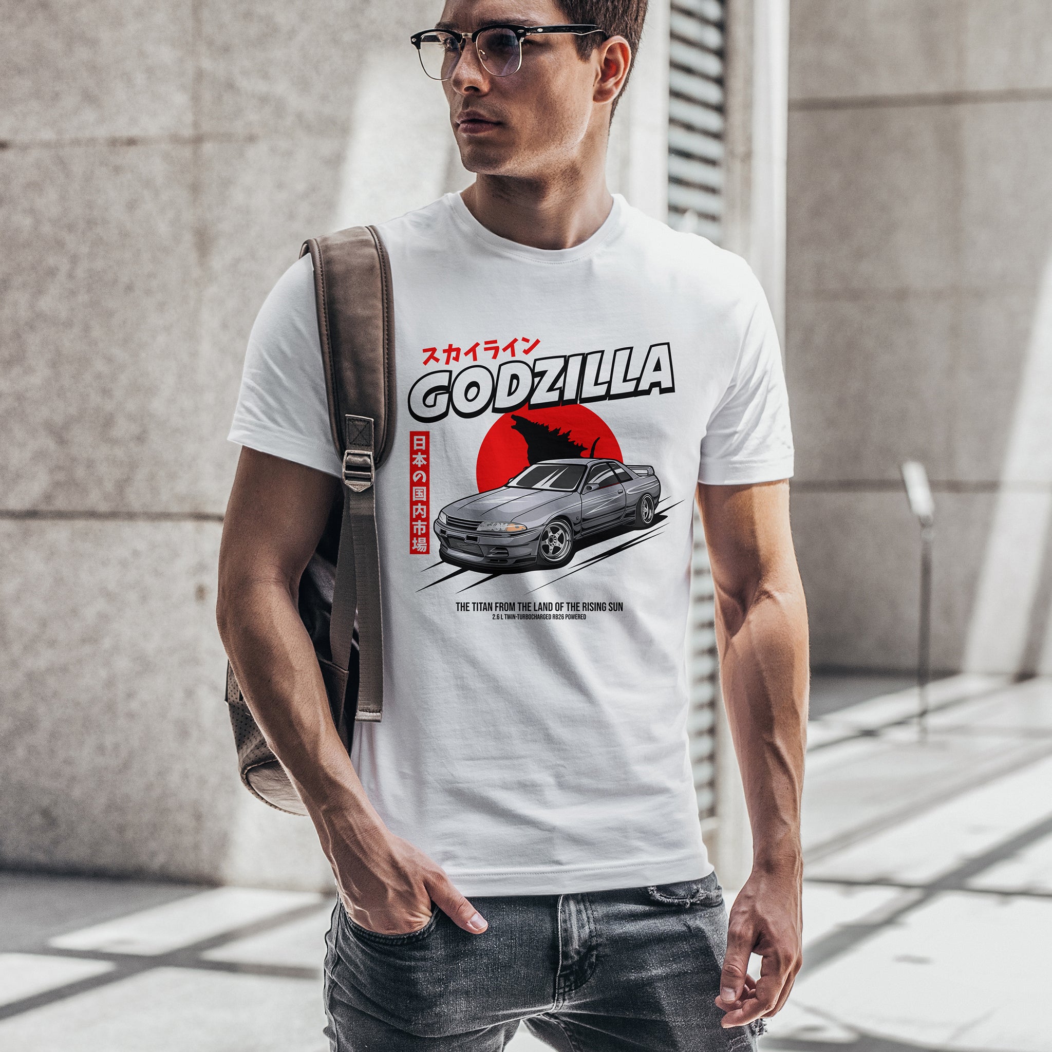 Man wearing Nissan Skyline GTR R32 Godzilla Car T-Shirt - White.
