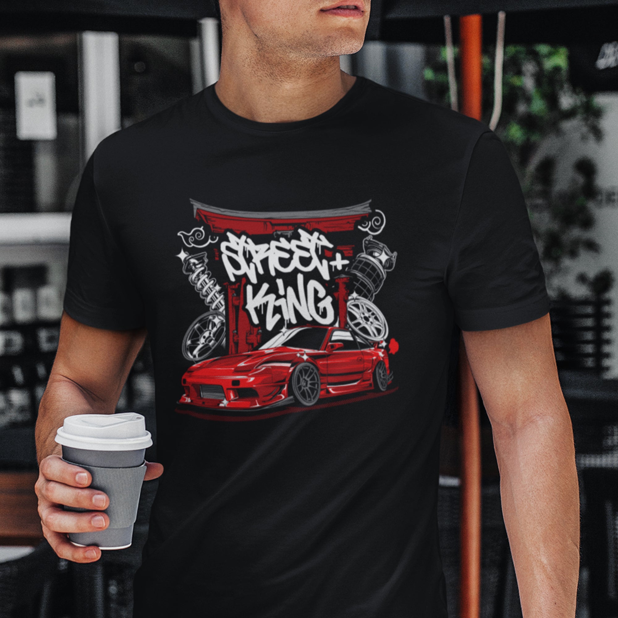 Man wearing Nissan Silvia 180SX S13 Street King - Car T-Shirt - Black.
