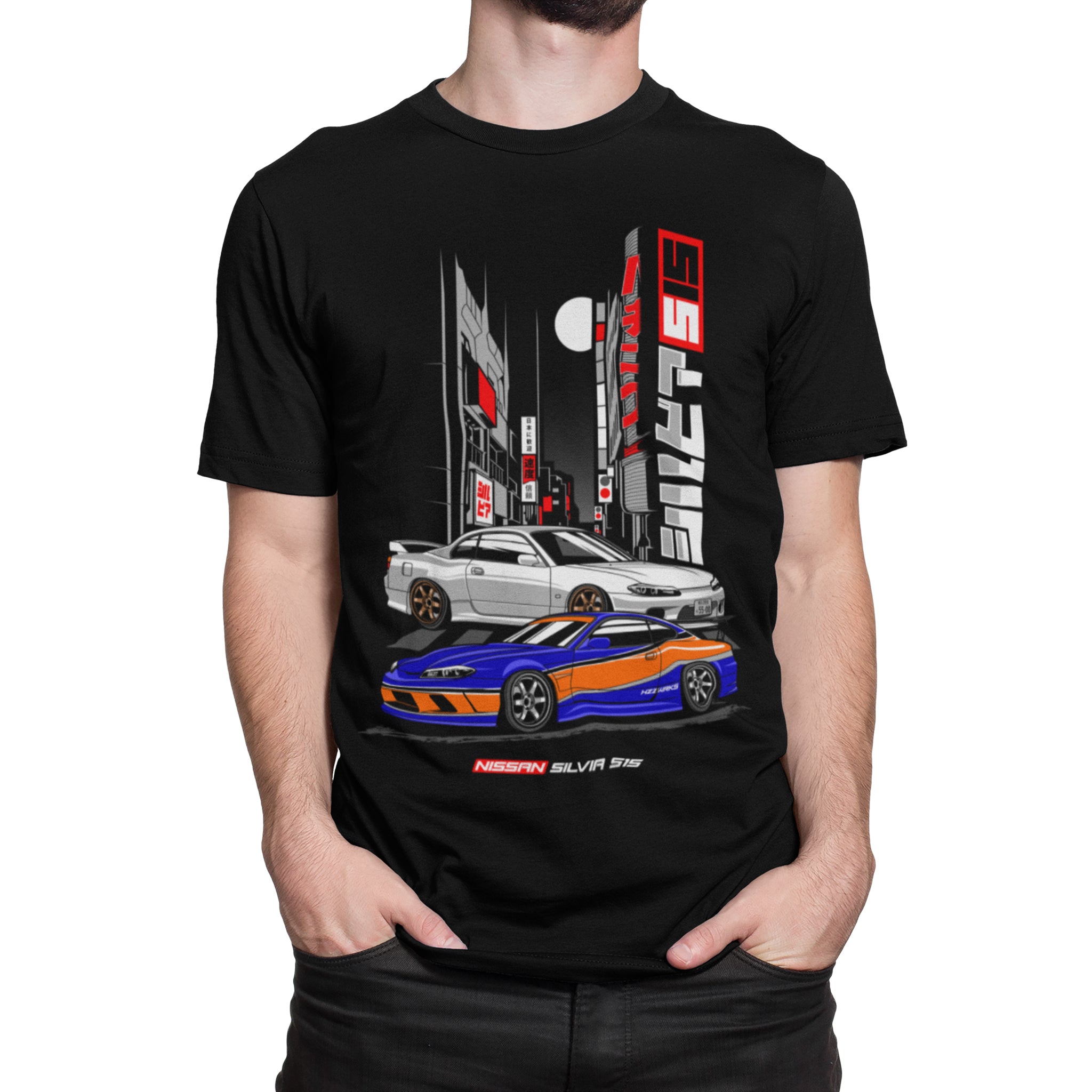 Man wearing the Nissan Silvia S15 Car T-Shirt in Black.