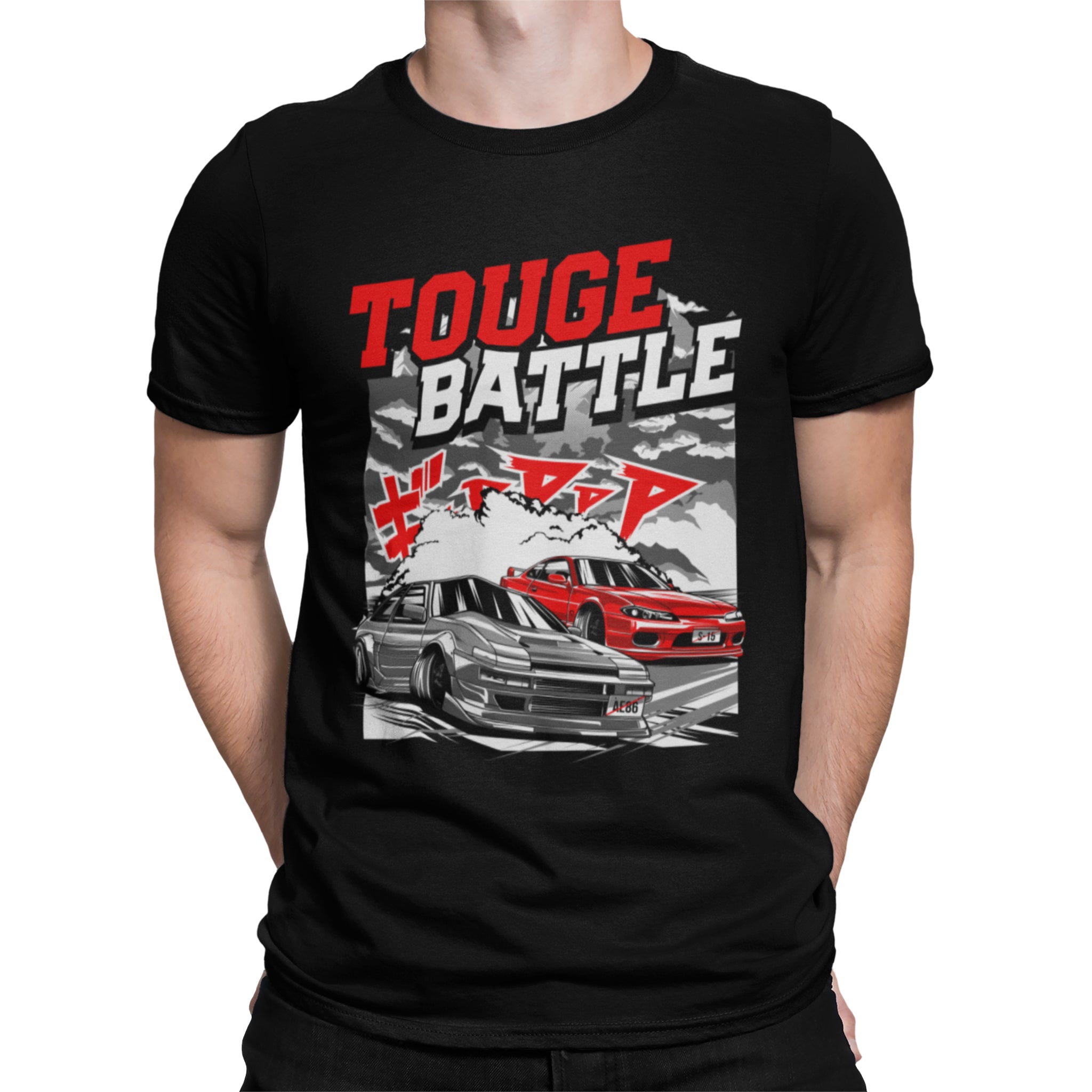 Man wearing Toyota AE86 & Nissan 200SX S15 Touge Battle Car T-Shirt in Black.