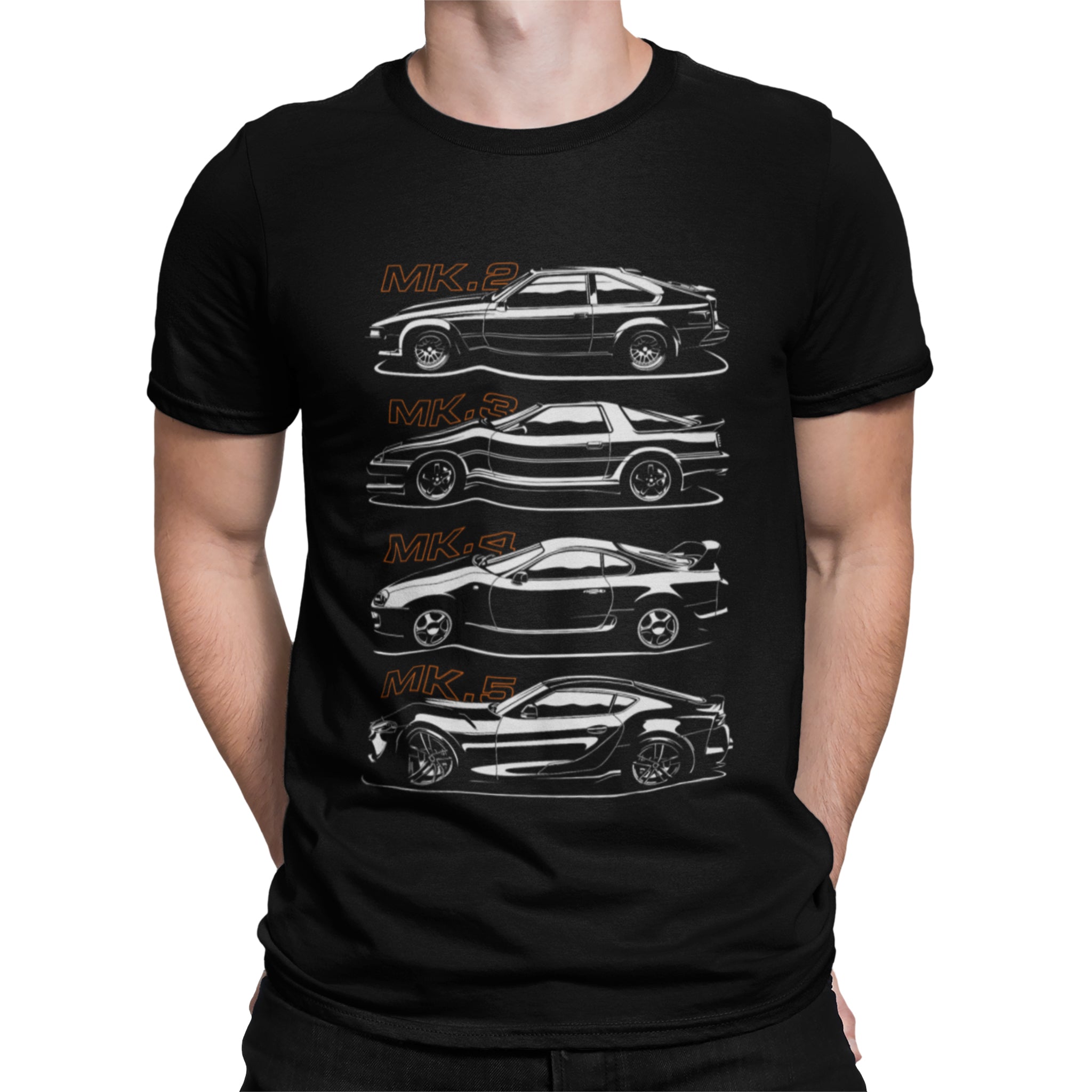 Man wearing Toyota Supra History MK2, MK3, MK4, MK5 Car T-Shirt in Black.