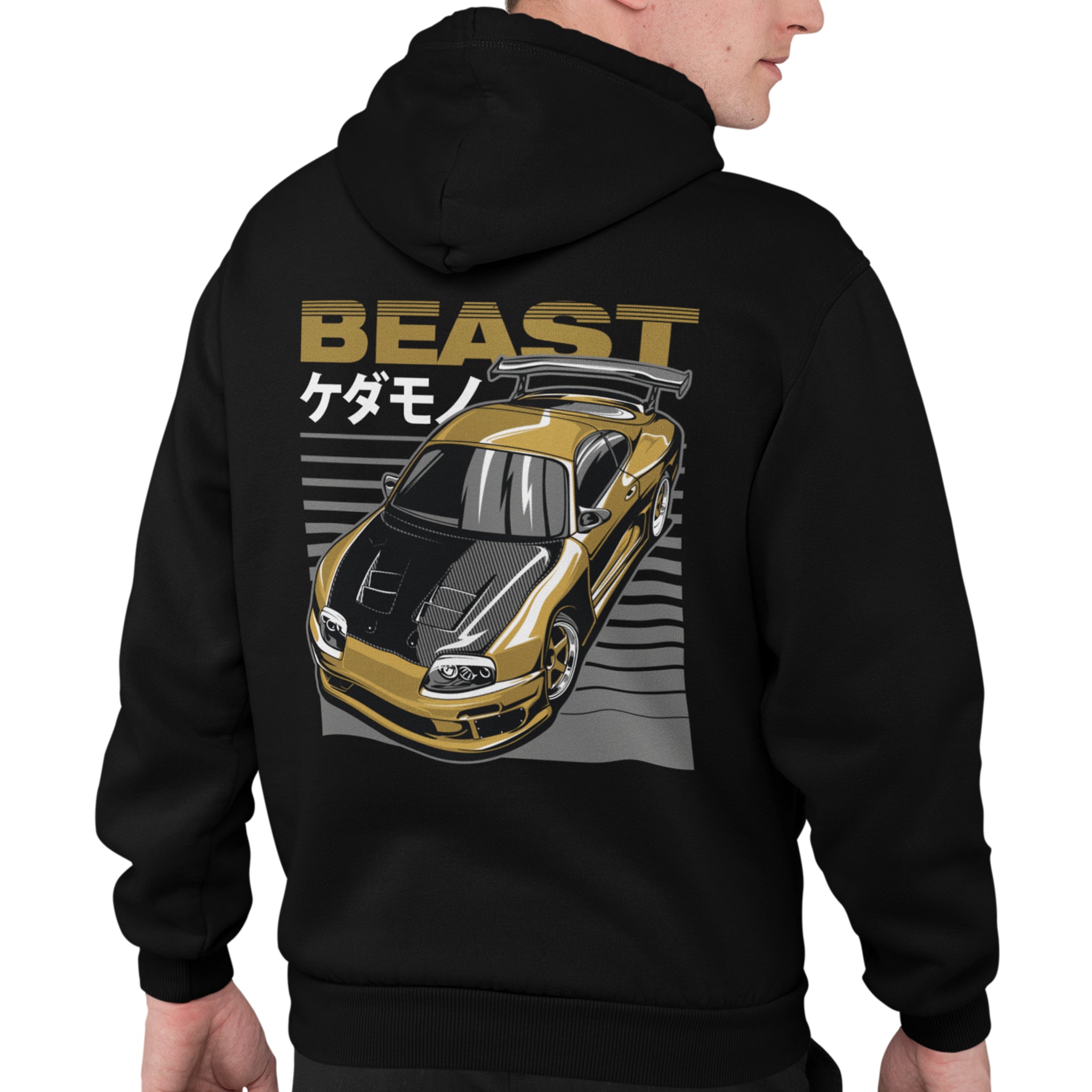 Man wearing Toyota Supra MKIV Beast Car Hoodie in black.