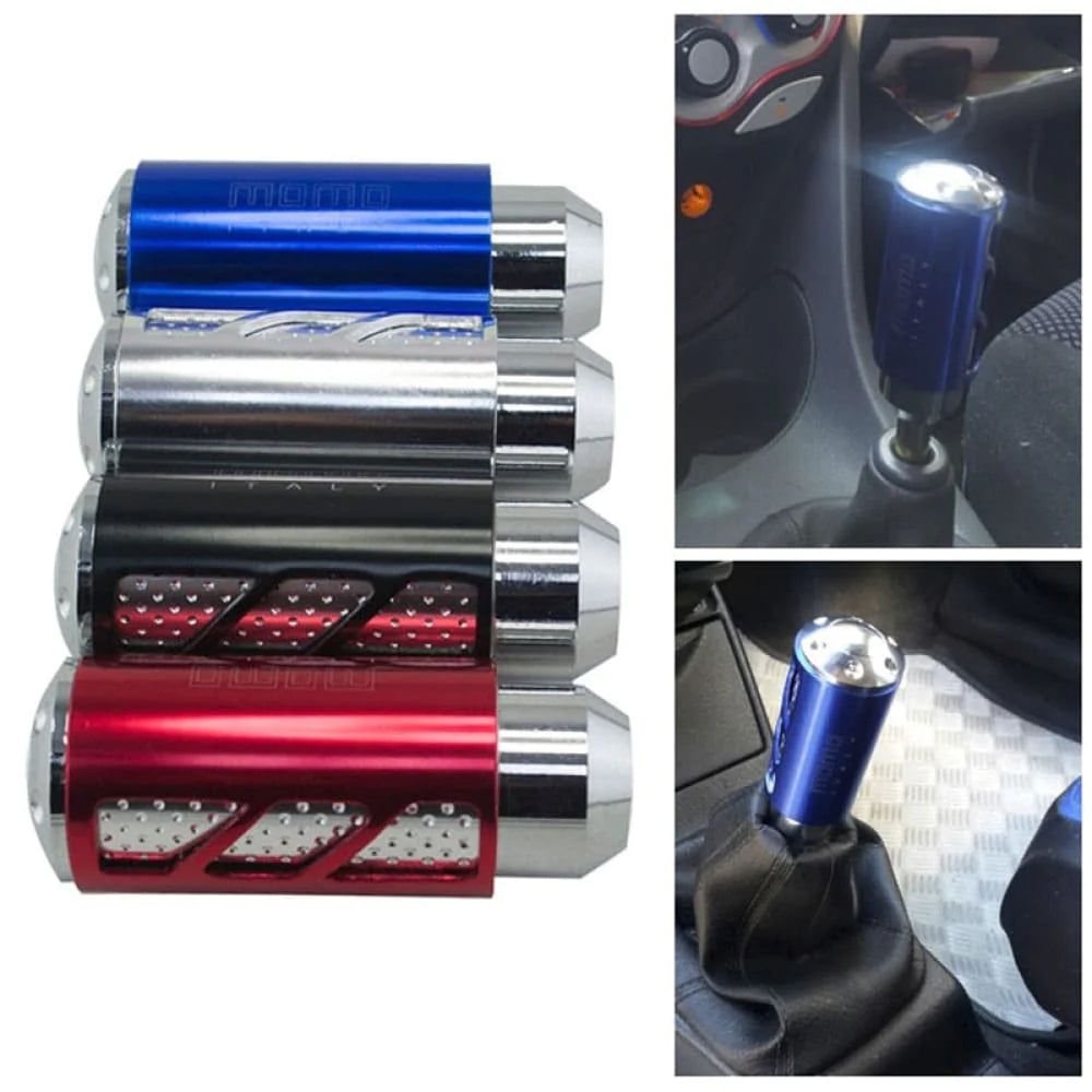 Momo ergonomic stick shift knob in silver, red, blue, and black.