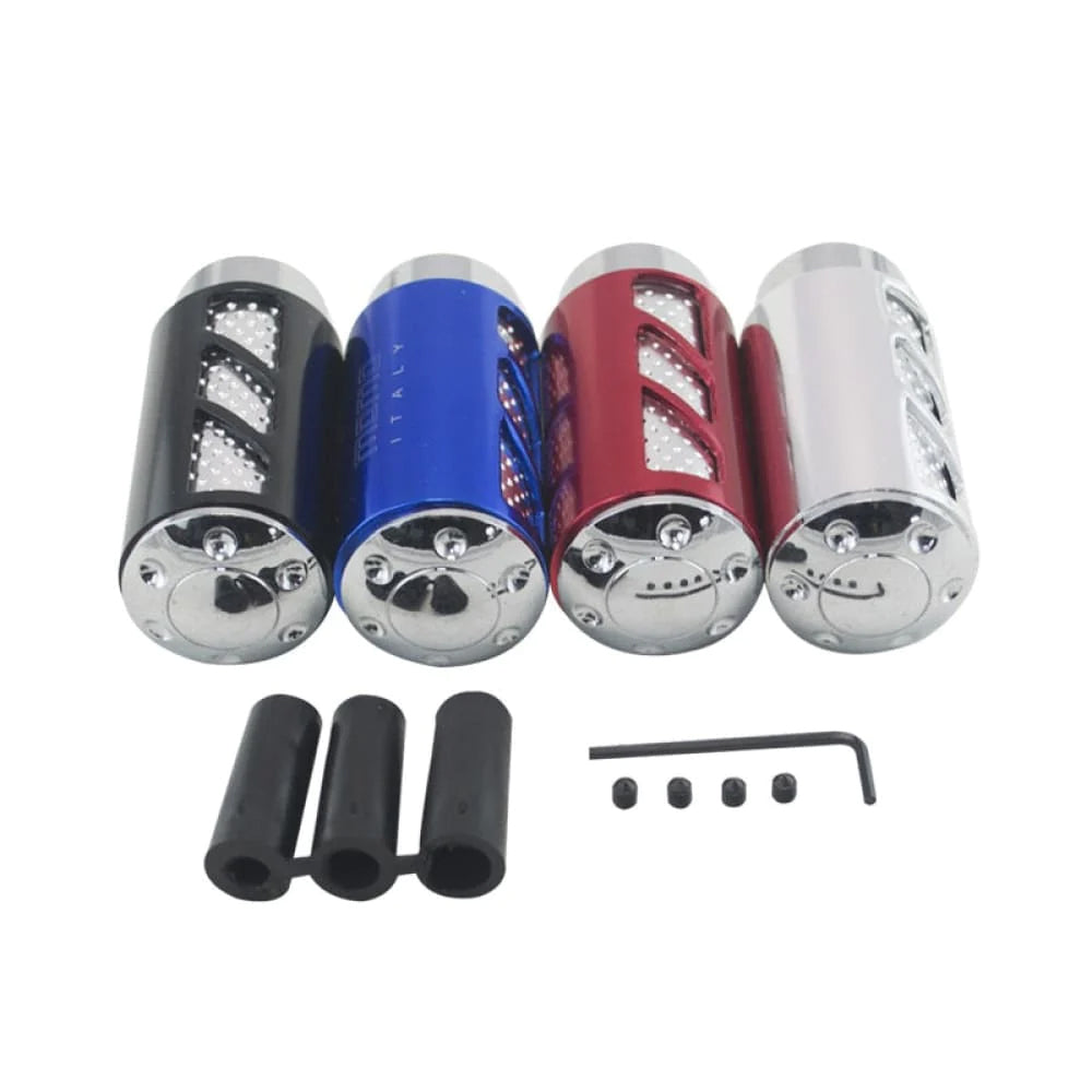 Momo ergonomic stick shift knob in silver, red, blue, and black.