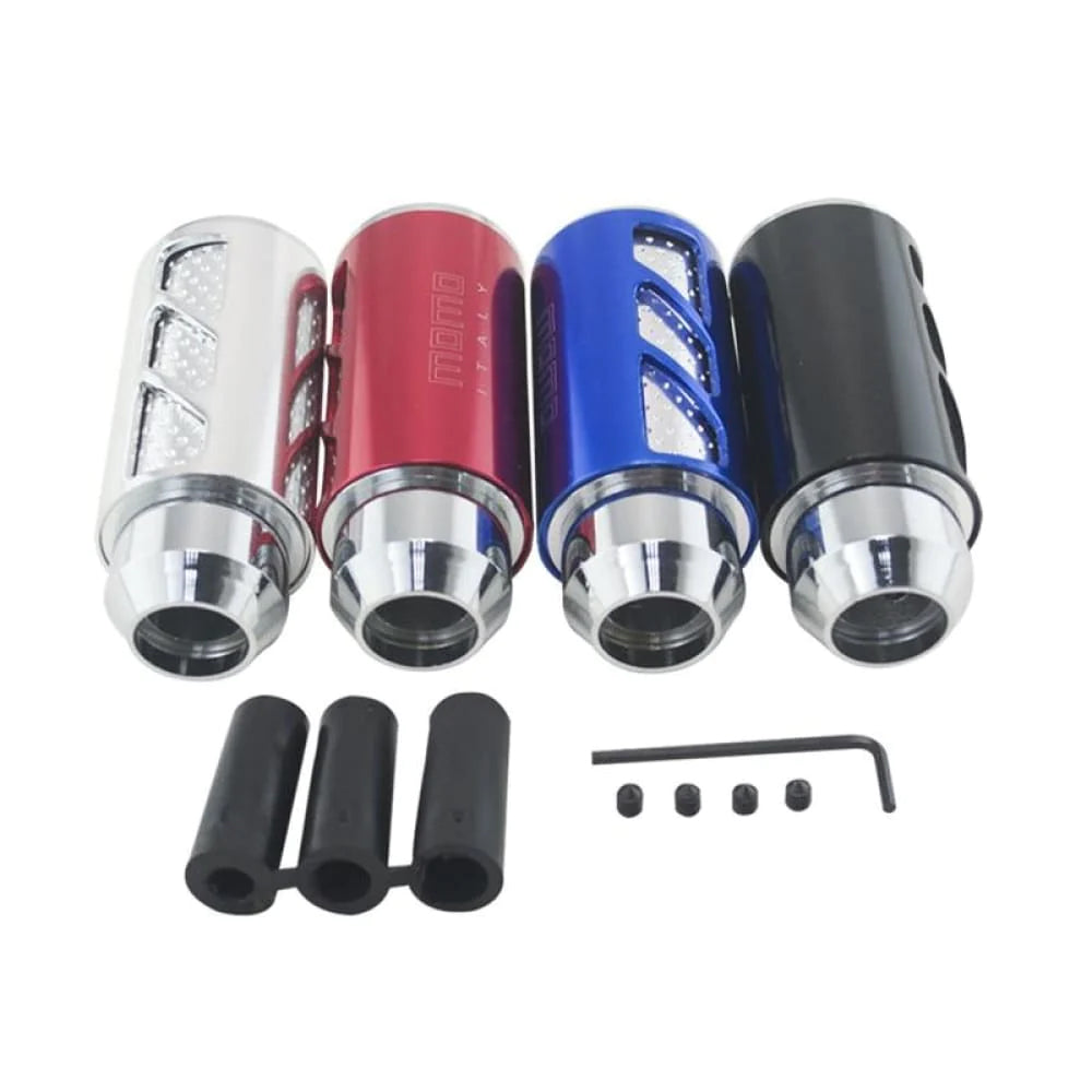 Momo ergonomic stick shift knob in silver, red, blue, and black.