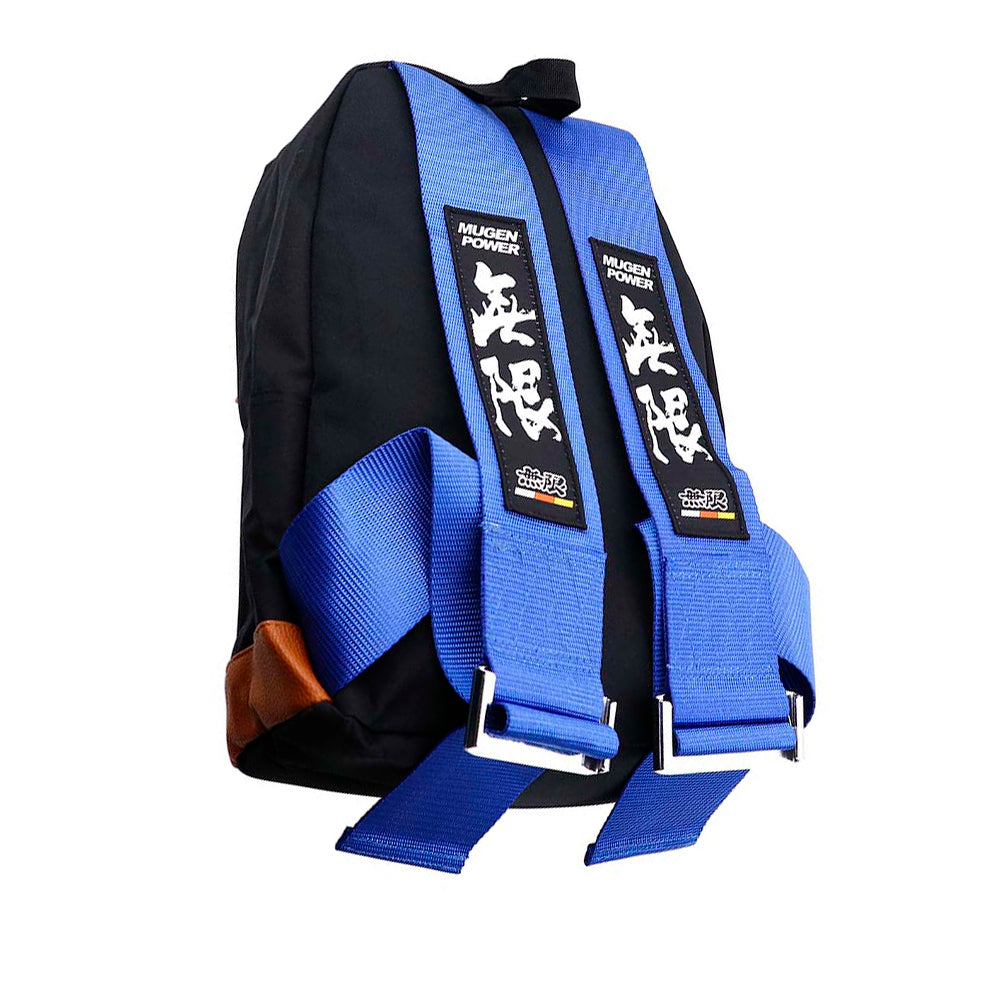 Mugen Bride Backpack with blue racing harness straps. 