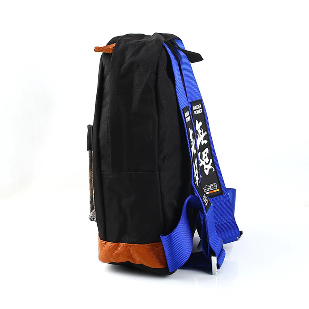 Mugen Bride Backpack with blue racing harness straps. 